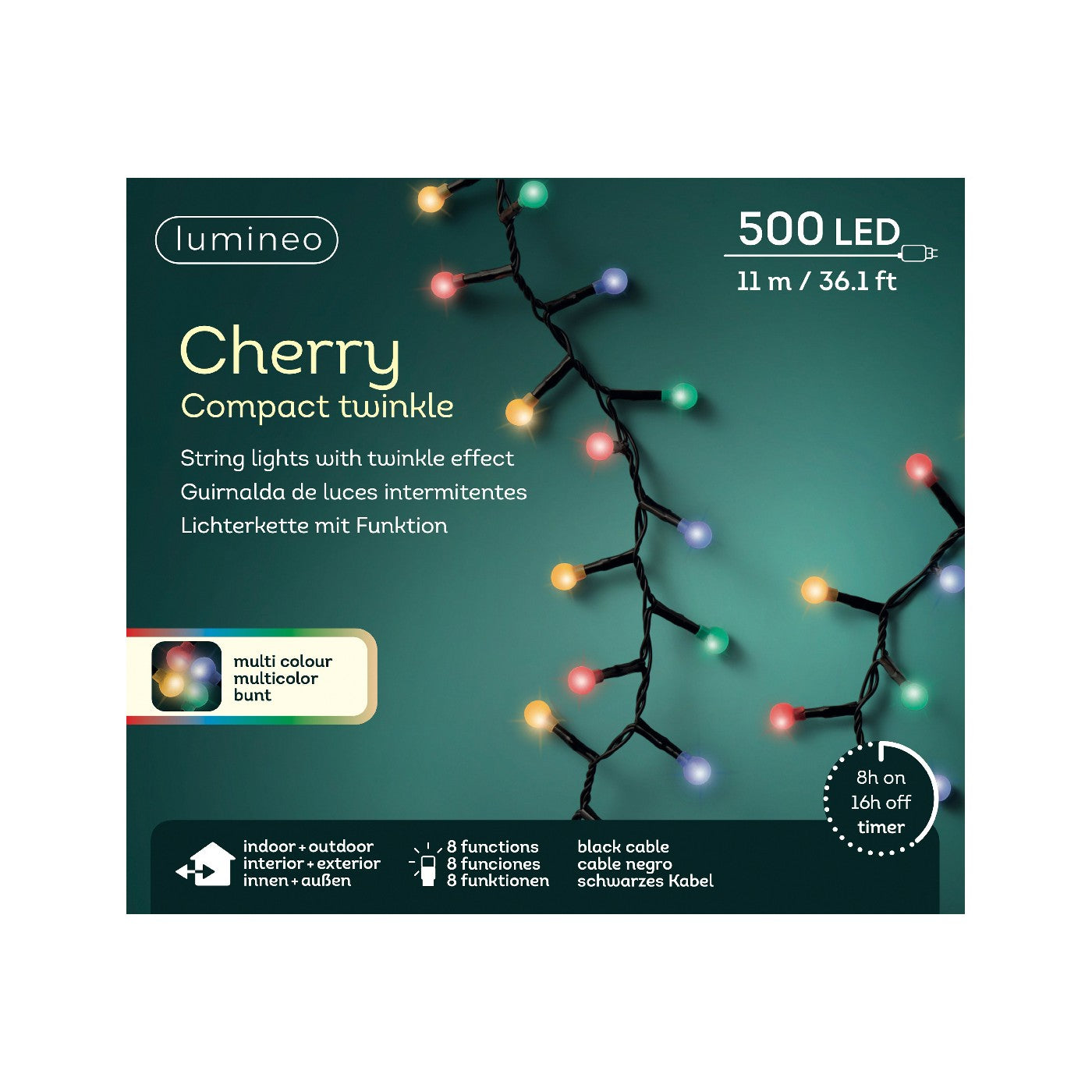 Luci LED Cherry Light nero/m.color 1100cm 8Funz OUT