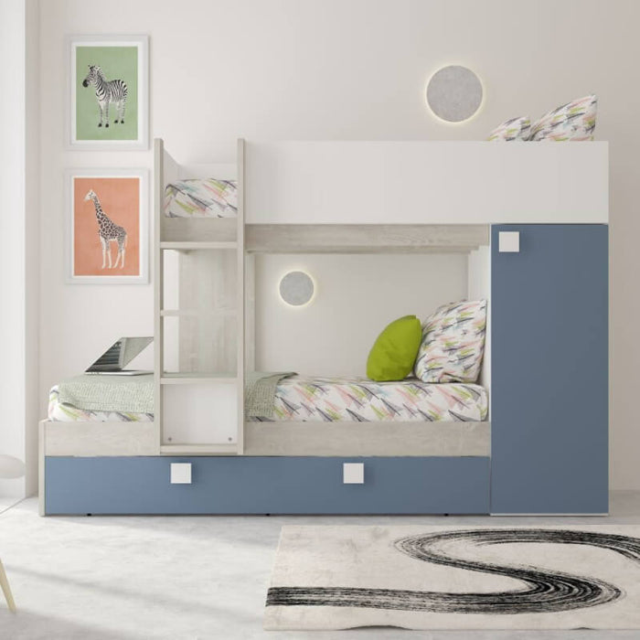 Cameretta con letto a castello e letto estraibile con armadio integrato colore bianco consumato e azzurro