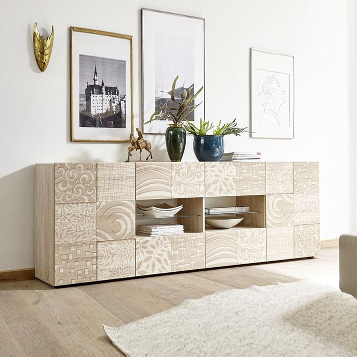 (3c) Madia 2 ante 4 cassetti in finitura rovere serigrafato L.241 P.42 H.84 cm(JASNAM2A4CRS)