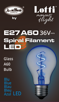 Lampada E27 36V goccia spirale blu Ø60mm
