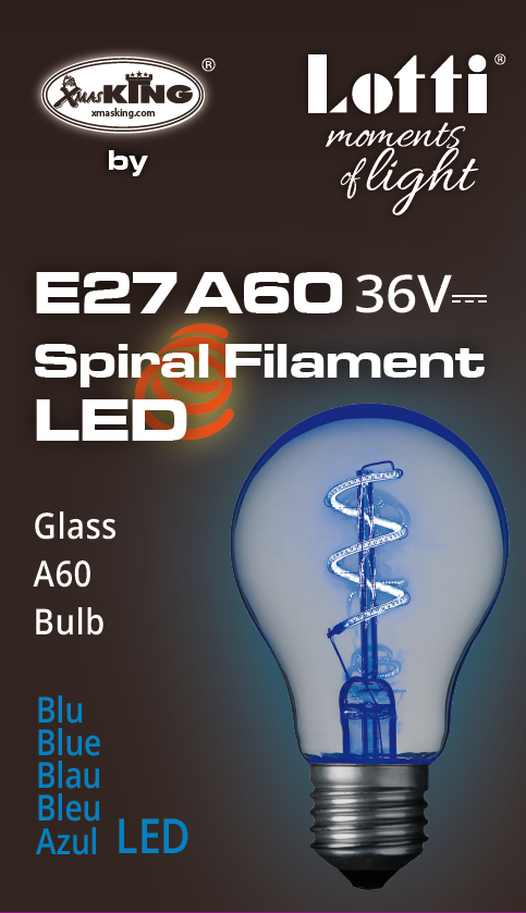Lampada E27 36V goccia spirale blu Ø60mm