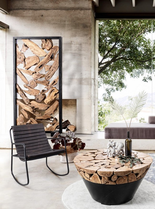 Tavolino in legno e acciaio stile industriale cm Ø90x45h