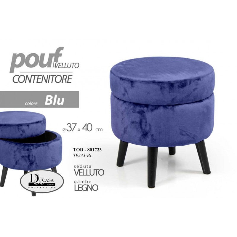 Sgabello in tessuto velluto con gambe in legno pouf blu
