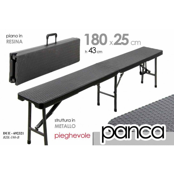 Panca da esterno nera pieghevole metallo resina cm 180 x 25 x 43 h