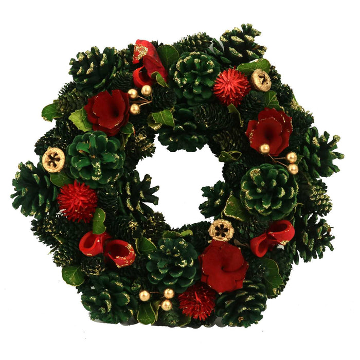 Coroncina con fiori rosso e pigneverde cm 30h8