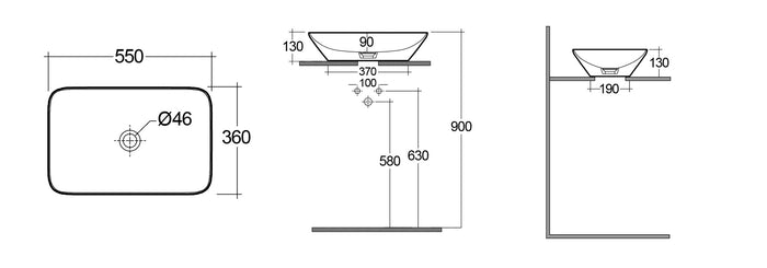 Lavabo rettangolare da appoggio senza foro - 55x36 cm, bianco