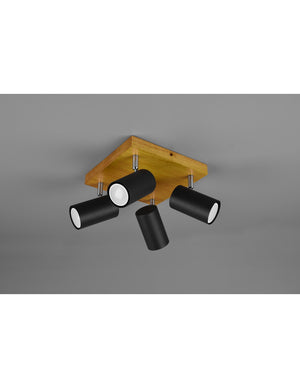 Faretto Marley 4 Spot GU10 Nero E Legno 22x22 cm Trio Lighting
