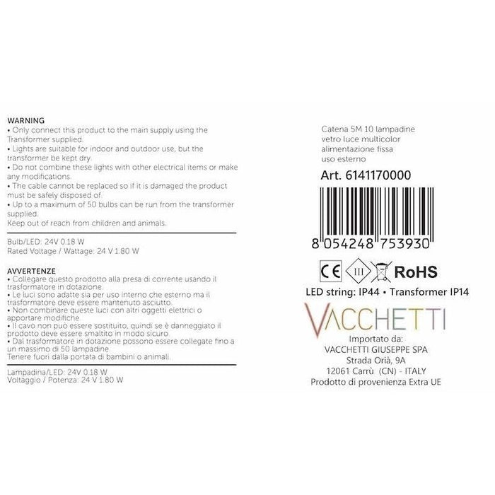 Catena 10 LED E27 Multicolor 24V 220V 5 metri