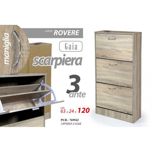 Scarpiera rovere tre ribalte con due divisori cm 63 x 24 x 120 h