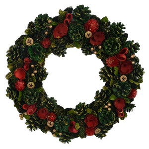 Coroncina con fiori rosso e pigne verde cm 45h8