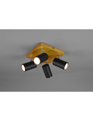 Faretto Marley 4 Spot GU10 Nero E Legno 22x22 cm Trio Lighting