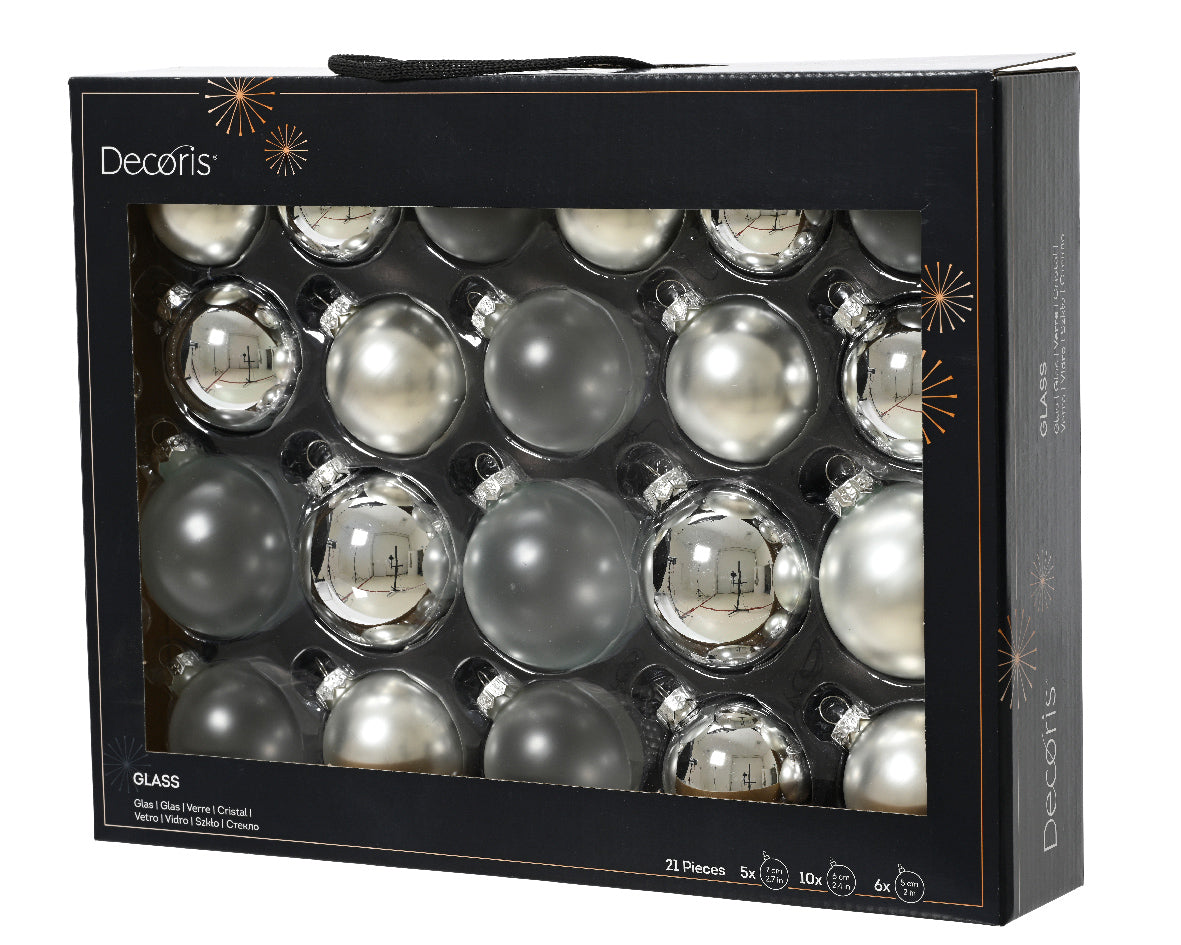 Box 21 pz Palline Vt Lucido Opaco Trasparente  Argento d.7Cm