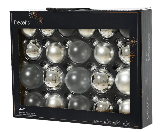 Box 21 pz Palline Vt Lucido Opaco Trasparente  Argento d.7Cm