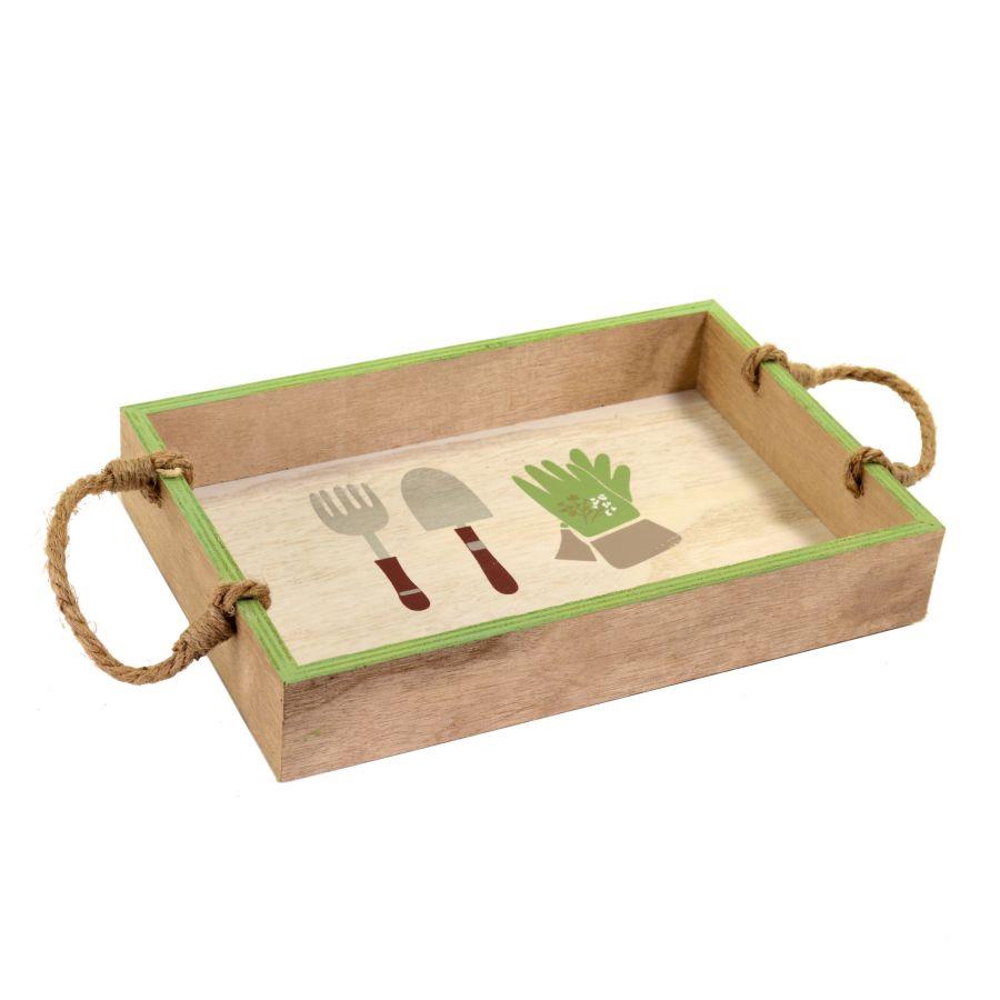 Vassoio legno bianco verde c/manici corda rettangolare cm30x20h5