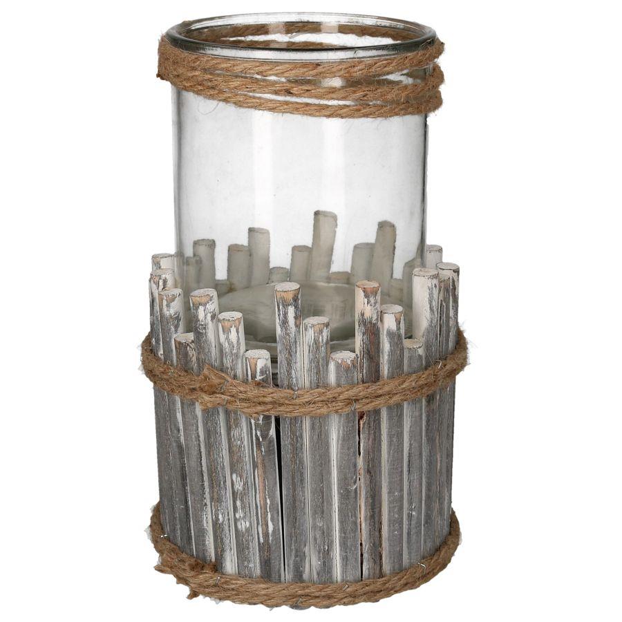 Portacandele legno vetro sbiancato 1p tondo cmø15h19