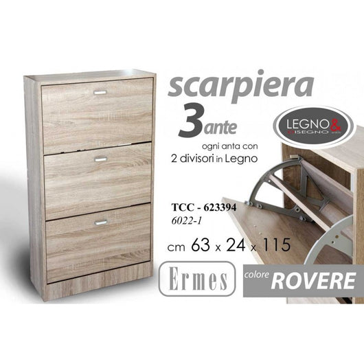 Scarpiera slim rovere tre ribalte con due divisori cm 63 x 24 x 115 h