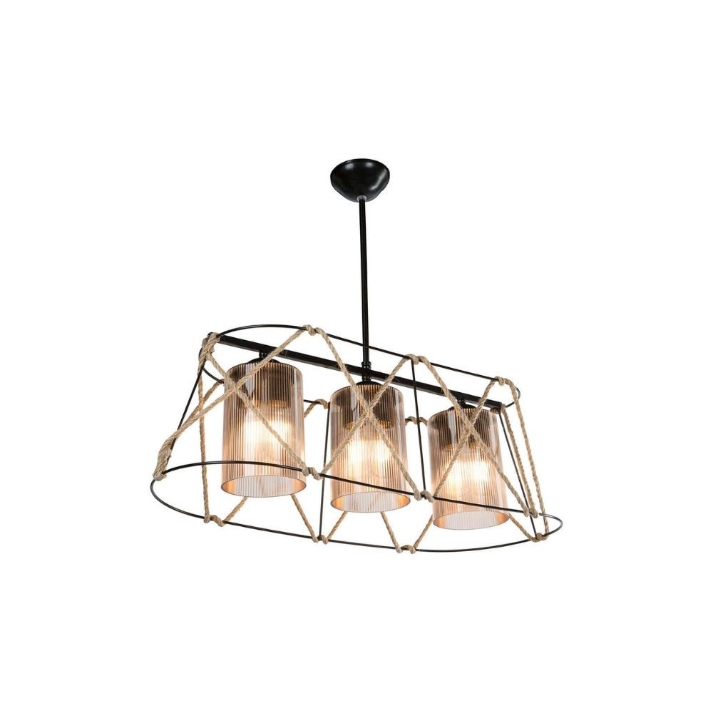 Lampada a sospensione Gezegen ASZ0986 3 luci metallo nero e corda EFFEZ