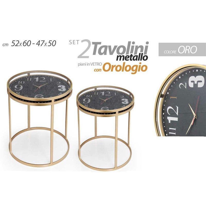 Set due tavolini salotto metallo dorato e piano vetro orologio