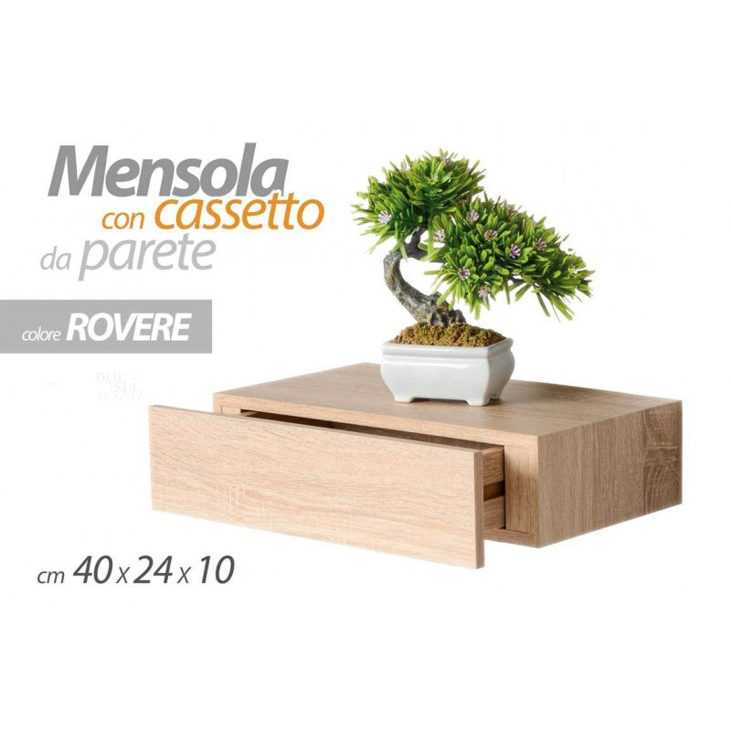 4x Mensola rovere a muro con cassetto nascosto cm 40 x 24 x 10 h