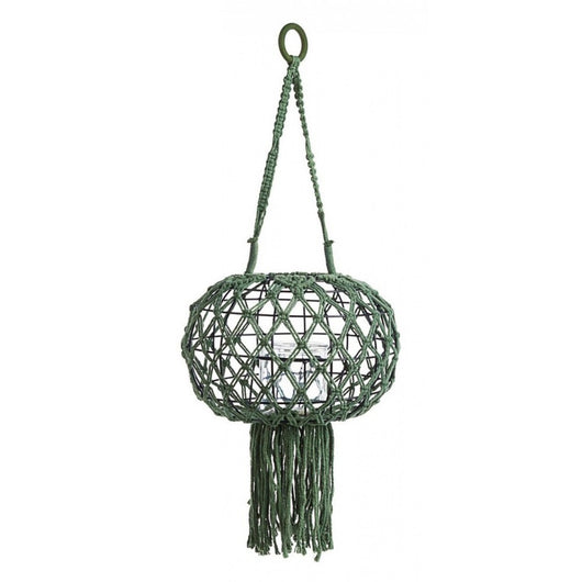 Lanterna sospesa stile vintage realizzata in macrame, colore verde 70h cm