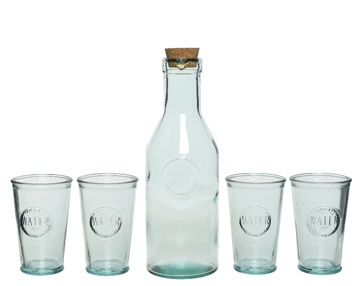 Set 5 pz acqua Caraffa con coperchio in sughero e 4 bicchieri di vetro chiaro riciclato