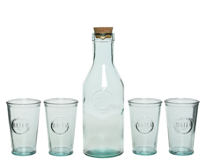 Set 5 pz acqua Caraffa con coperchio in sughero e 4 bicchieri di vetro chiaro riciclato