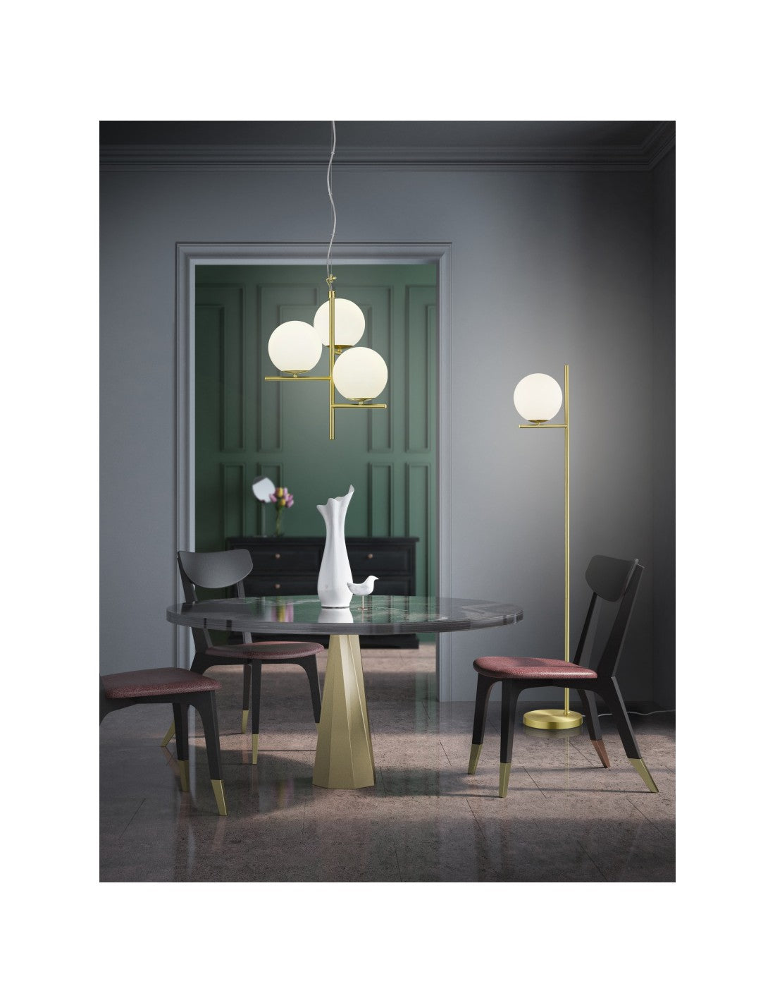 Piantana Sfera Vetro Bianco Ottone H150 cm Pure Trio Lighting