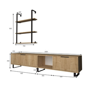 Mobile porta tv 2 ribalte con libreria 3 mensole rovere 180x35xh.40 cm