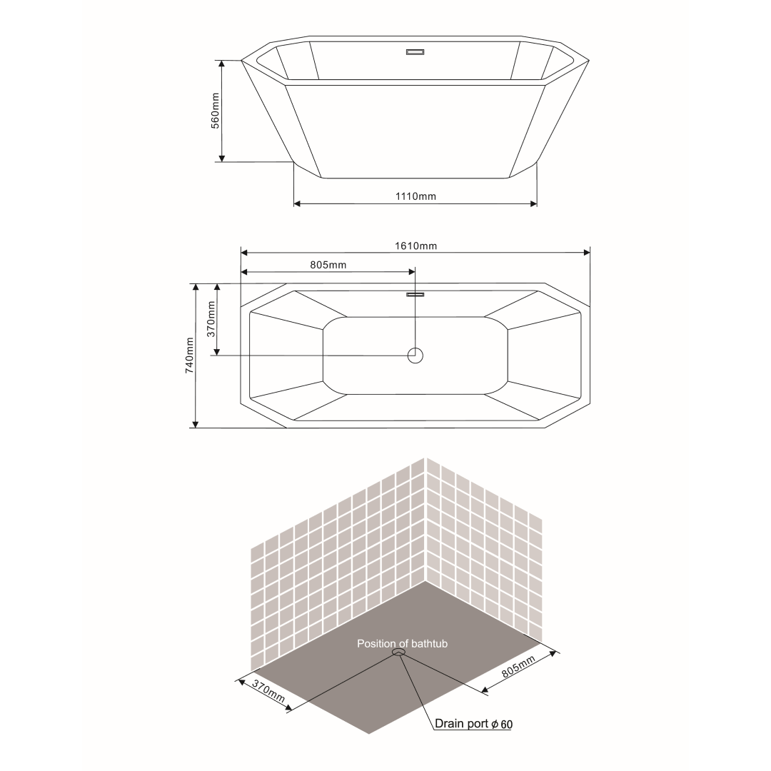Vasca freestanding ottagonale in acrilico bianco