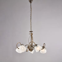 Lampadario in ferro laccato marrone con decorazione oro antico e diffusori in vetro diametro 13 alabastro bianchi 5 luci H.45 - MAX 105 - Ø64