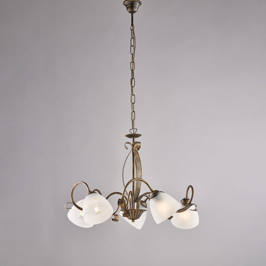 Lampadario in ferro laccato marrone con decorazione oro antico e diffusori in vetro diametro 13 alabastro bianchi 5 luci H.45 - MAX 105 - Ø64