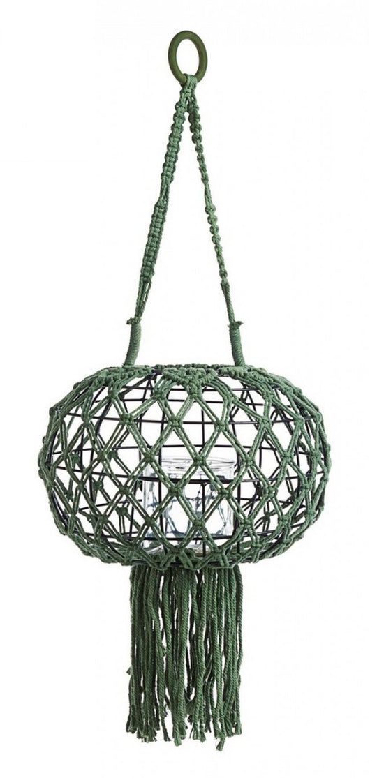 Lanterna sospesa stile vintage realizzata in macrame, colore verde 70h cm