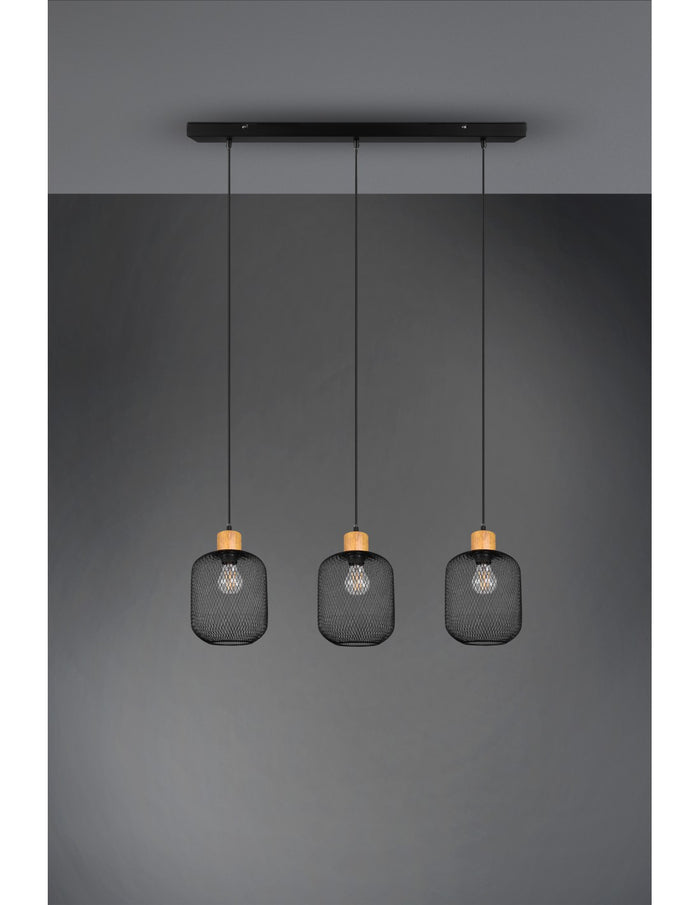 Sospensione Calimero 3xE27 Rete Metallo Nero L80 cm Trio Lighting