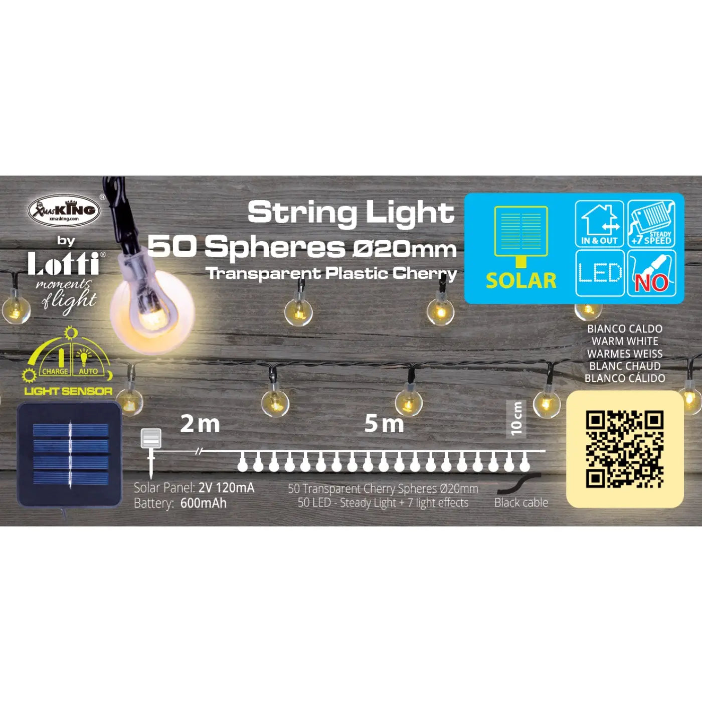 Catena Solare 50 Sfere d. 20 mm Trasp. LED 2+5m