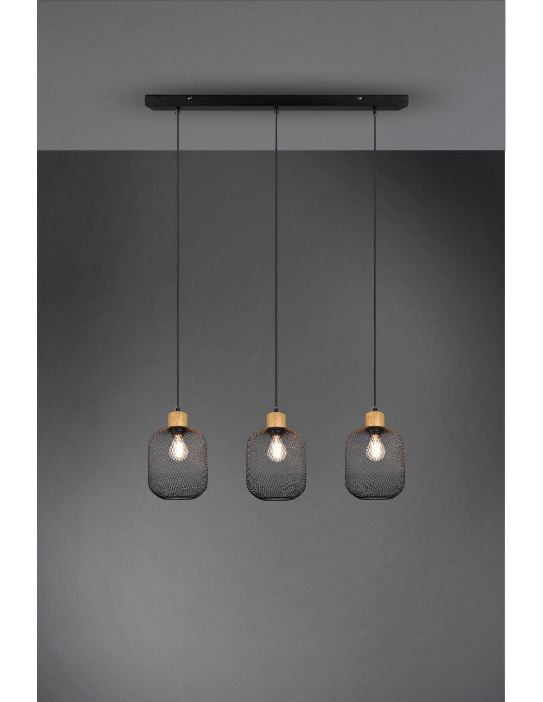 Sospensione Calimero 3xE27 Rete Metallo Nero L80 cm Trio Lighting