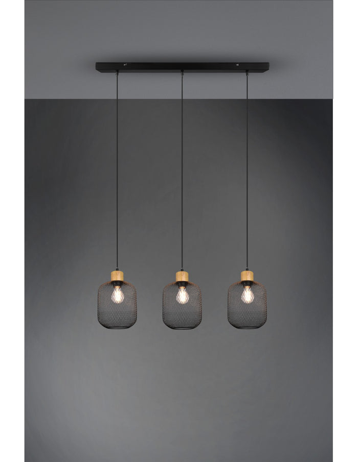 Sospensione Calimero 3xE27 Rete Metallo Nero L80 cm Trio Lighting