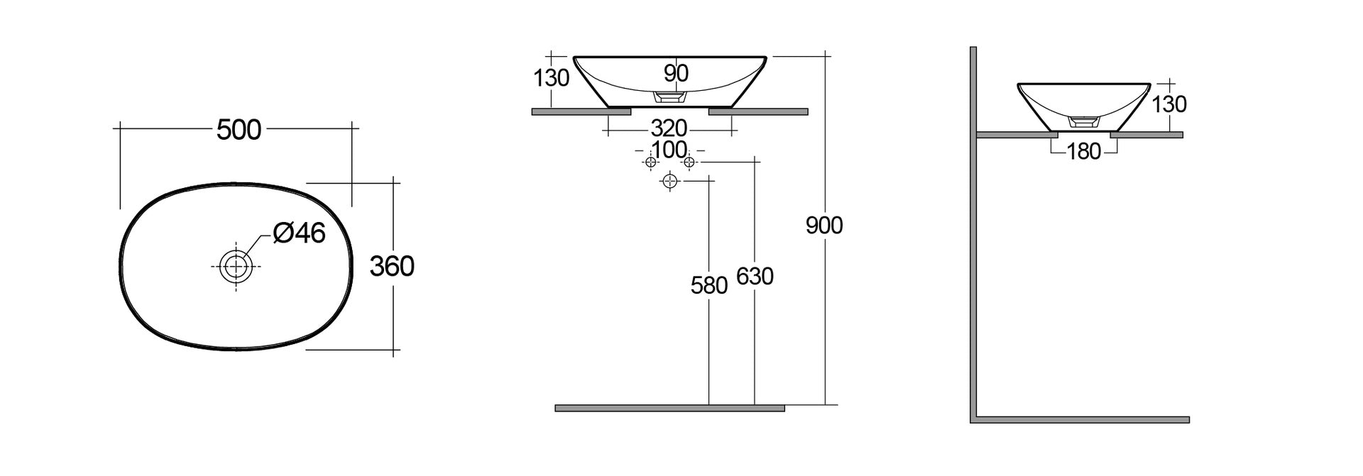 Lavabo ovale da appoggio senza foro - 50x36 cm, bianco