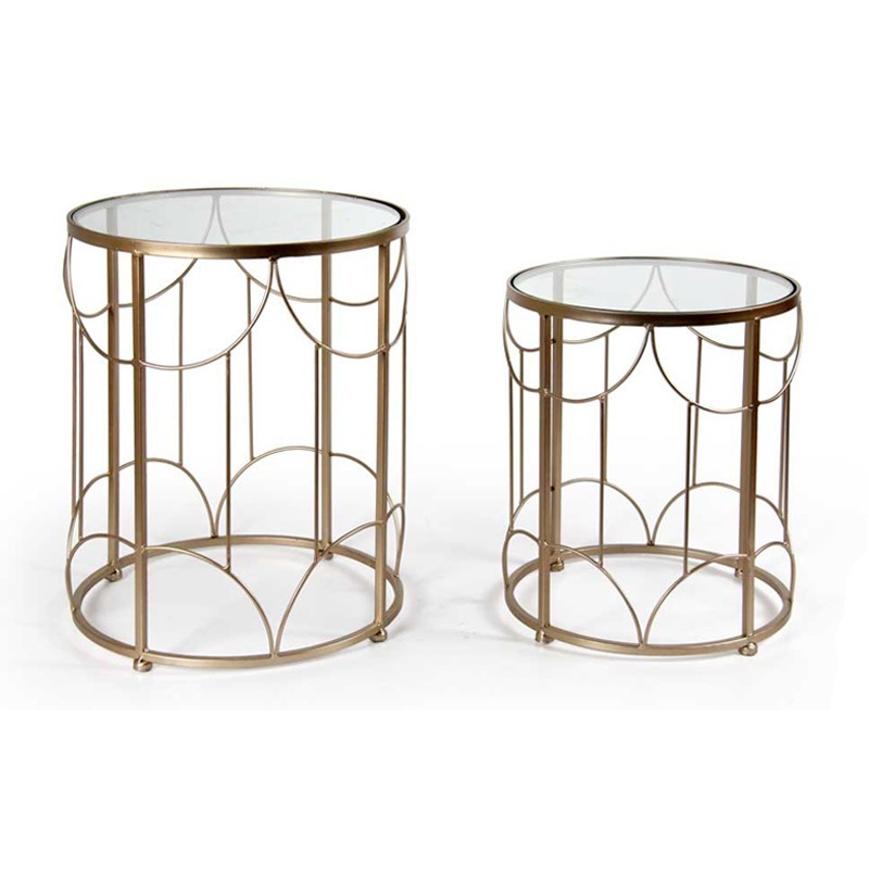 Set due tavolini salotto tondi oro piano vetro