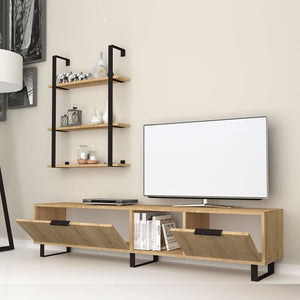 Mobile porta tv 2 ribalte con libreria 3 mensole rovere 180x35xh.40 cm