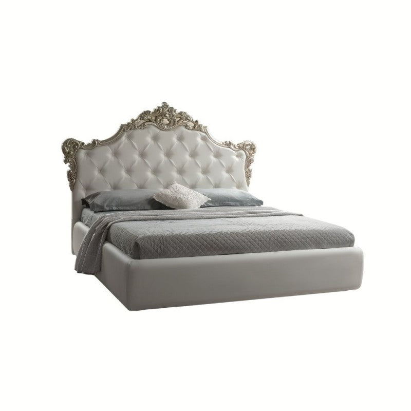 (6c) Letto barocco matrimoniale con contenitore in ecopelle SAVOIA Bianco Argento 194x209x h 140 cm