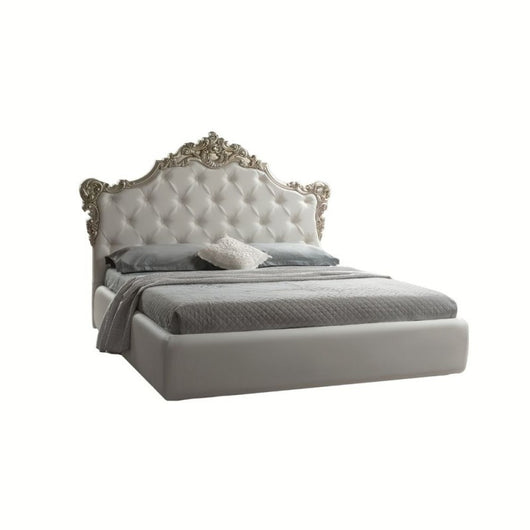(6c) Letto barocco matrimoniale con contenitore in ecopelle SAVOIA Bianco Argento 194x209x h 140 cm