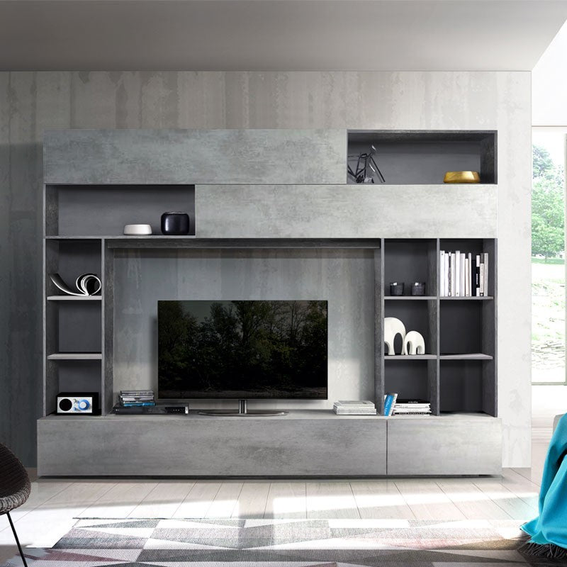 Parete attrezzata da soggiorno ossido e cemento L.277xP41xh.209 cm EFFEZ