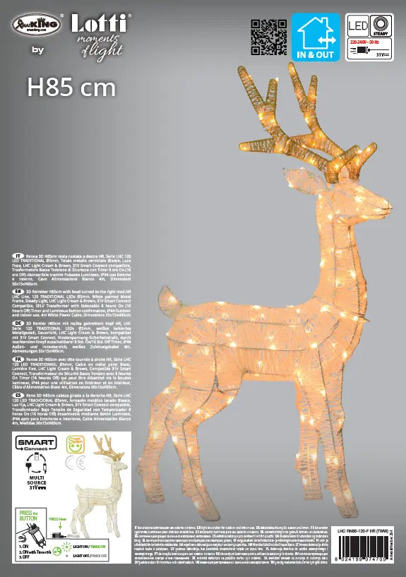 Renna 3D H85 cm testa destra 120 LED Traditional IP44 timer