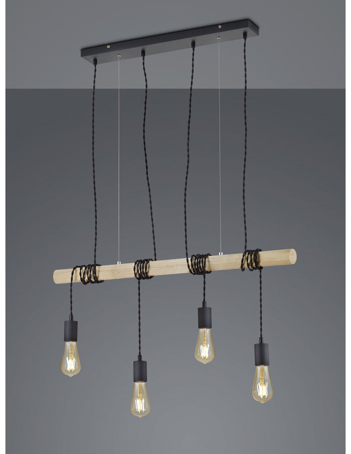 Sospensione Vintage Brody 4xE27 Nero Legno Trio Lighting