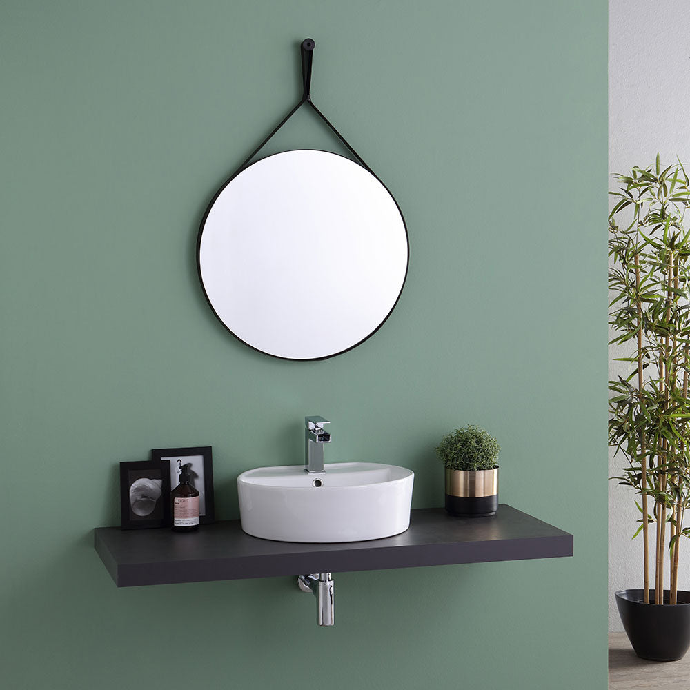 Specchio bagno rotondo con laccio pelle nera