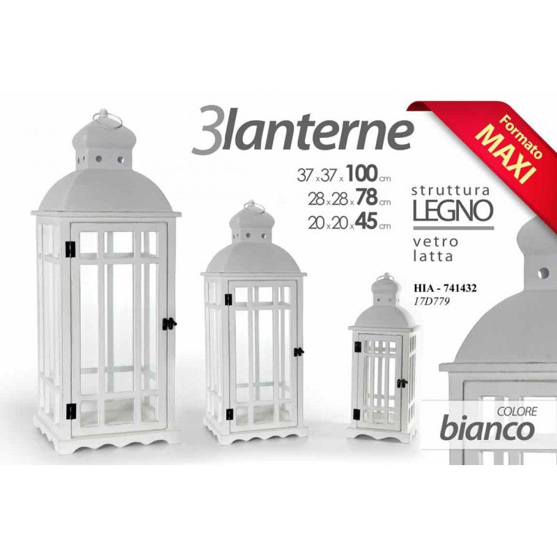Set tre lanterne per candele in legno vetro e latta maxi giganti