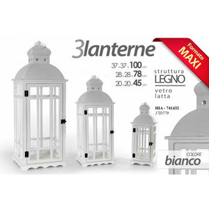 Set tre lanterne per candele in legno vetro e latta maxi giganti