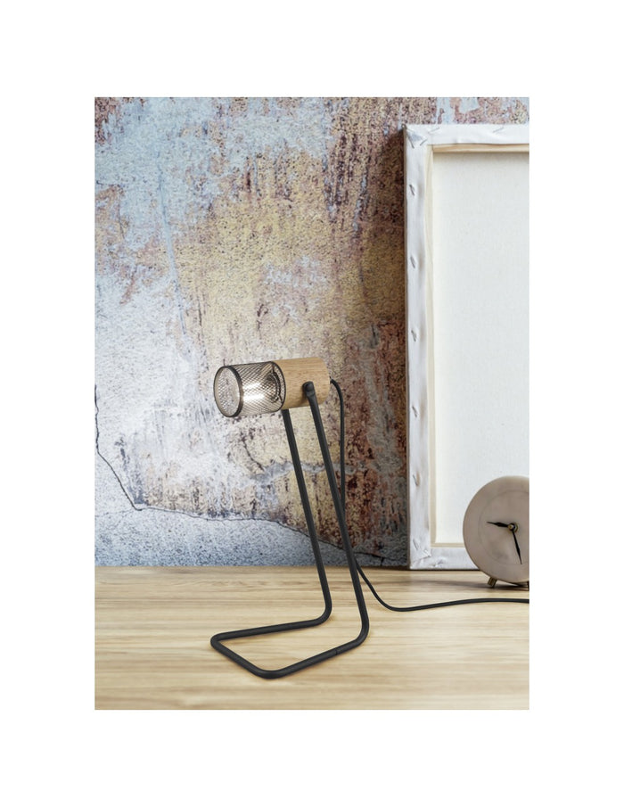 Lampada Da Tavolo Tosh Nero 1xE14 Legno E Gabbia Metallica H40 cm Trio Lighting