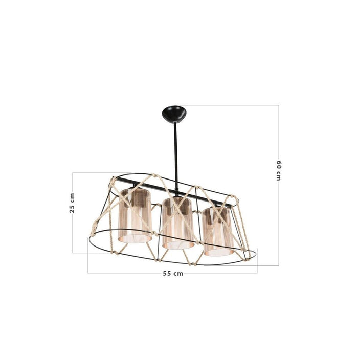 Lampada a sospensione Gezegen ASZ0986 3 luci metallo nero e corda EFFEZ