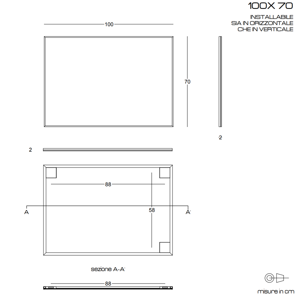 Specchio filo lucido 100x70 reversibile